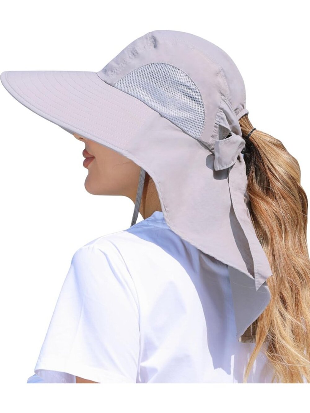 Wide Brim UV Protection Sun Hat for Women - Ponytail Hole & Neck Flap for Beach